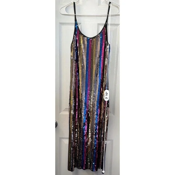 Tanya Taylor XS Multicolor Sequin Stripe Midi Dress Sleeveless Black Knit Lining - Picture 6 of 7